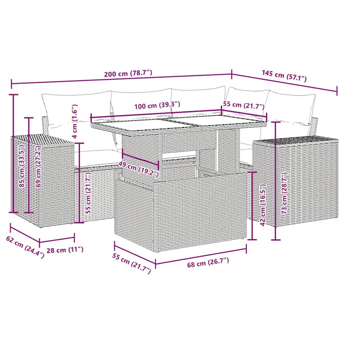 Diagramma di un set di mobili da esterno, tavolo e sedute, con dimensioni.