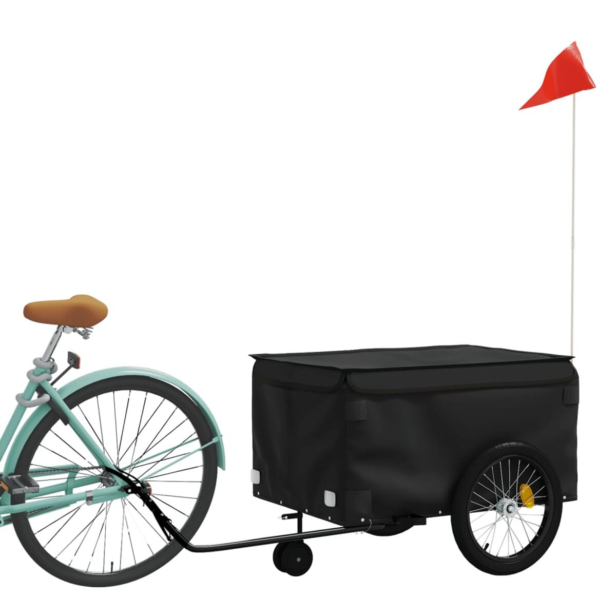 Ein Fahrrad mit einem schwarzen Anhänger und einer roten Flagge.
