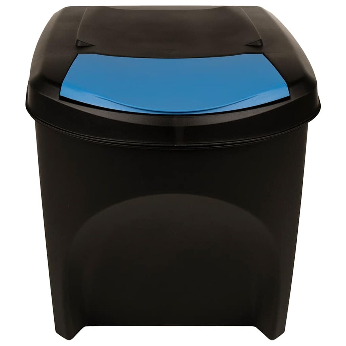 Eine schwarze Mülltonne mit blauem Deckel, von oben gesehen.