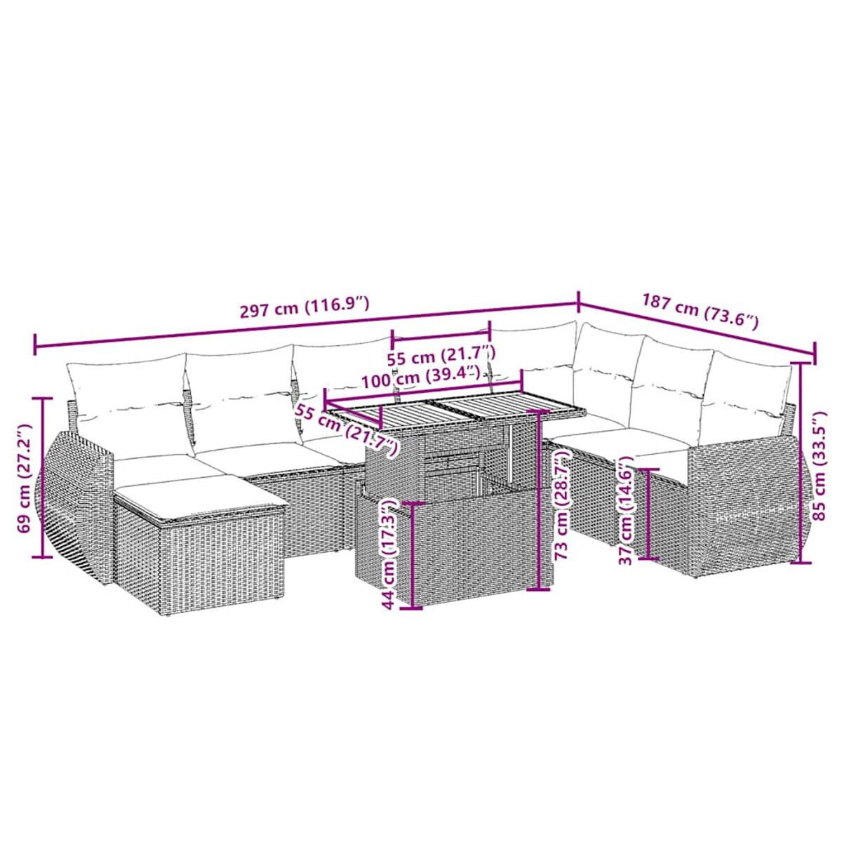 Divano componibile da esterno in rattan con dimensioni. Include divano angolare, tavolo e pouf. Cuscini beige.