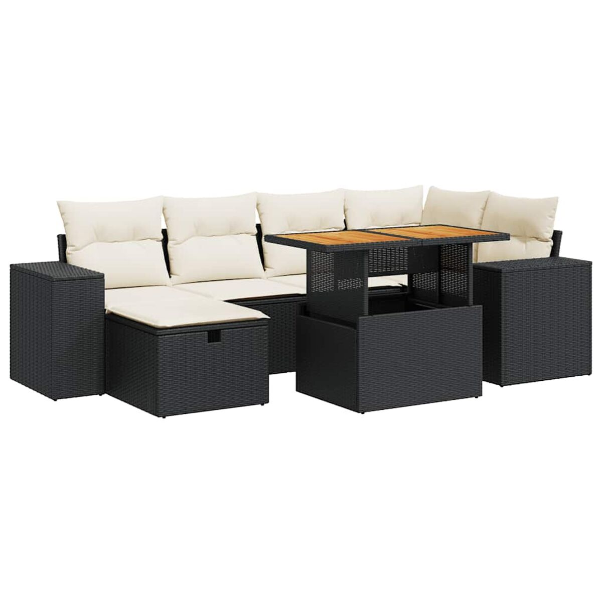 Set divano componibile da esterno. Base in vimini scuro, cuscini beige e tavolo alza.
