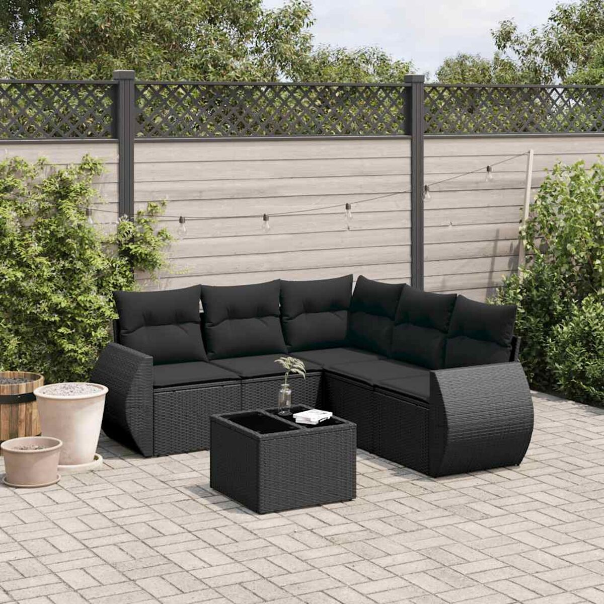 Outdoor-Ecksofa mit Tisch, Abmessungen in cm und Zoll, grau.