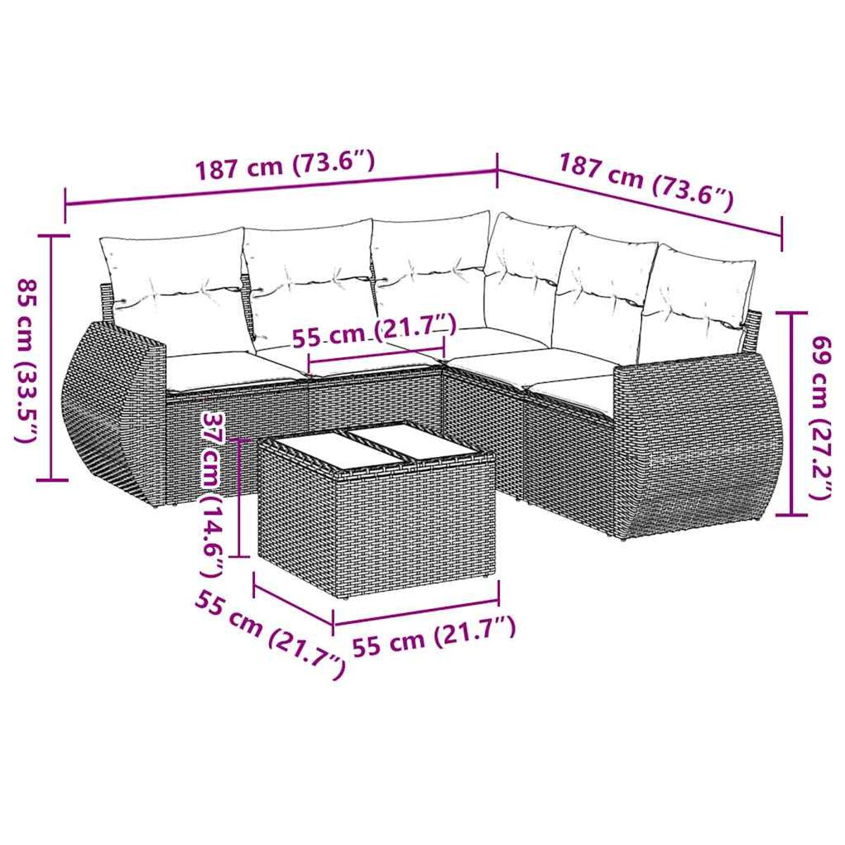 Diagramm eines schwarzen Outdoor-Sofa aus Korbgeflecht mit Abmessungen in cm und Zoll, weißer Hintergrund.