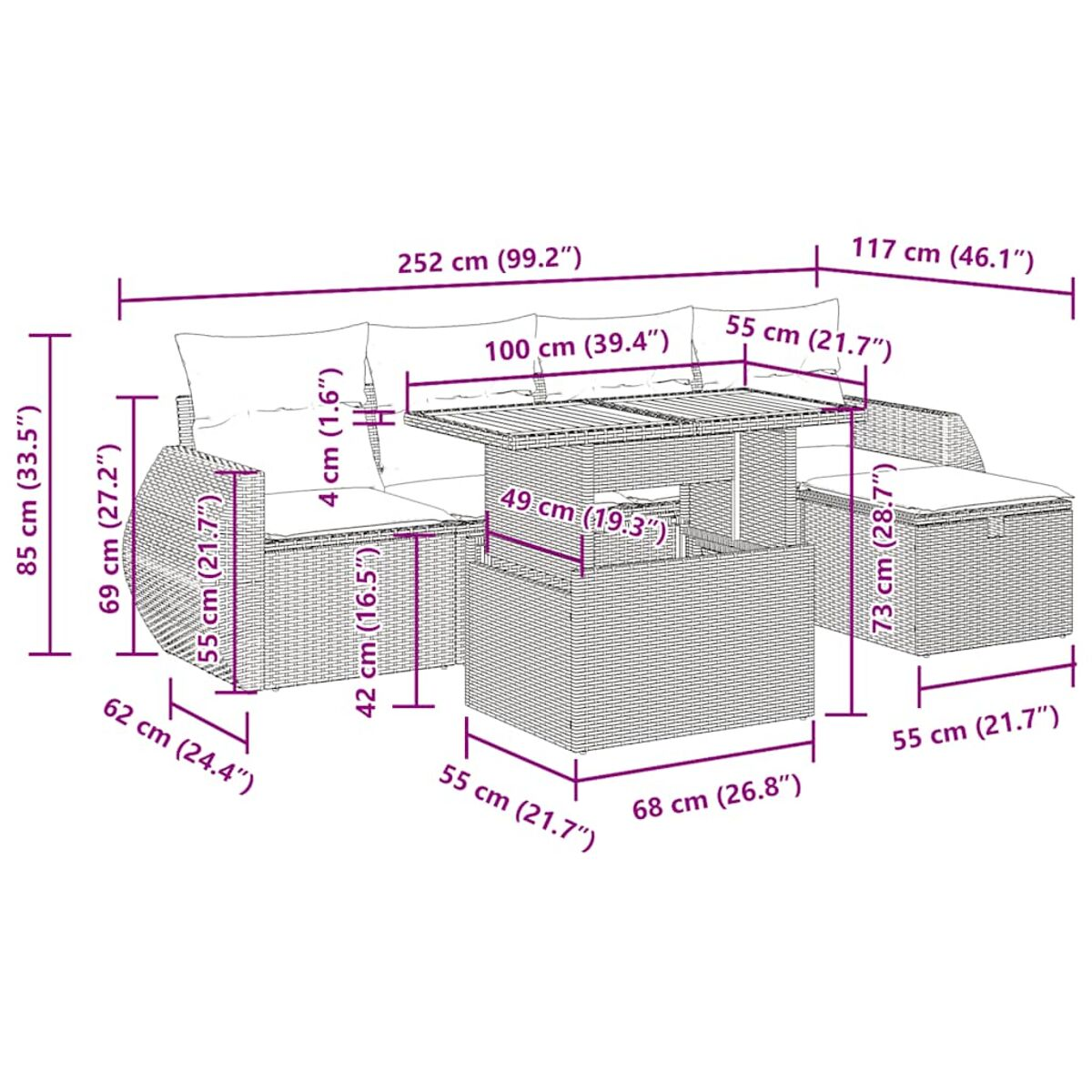 Set di mobili da esterno in vimini, divano, tavolo e pouf con dimensioni.