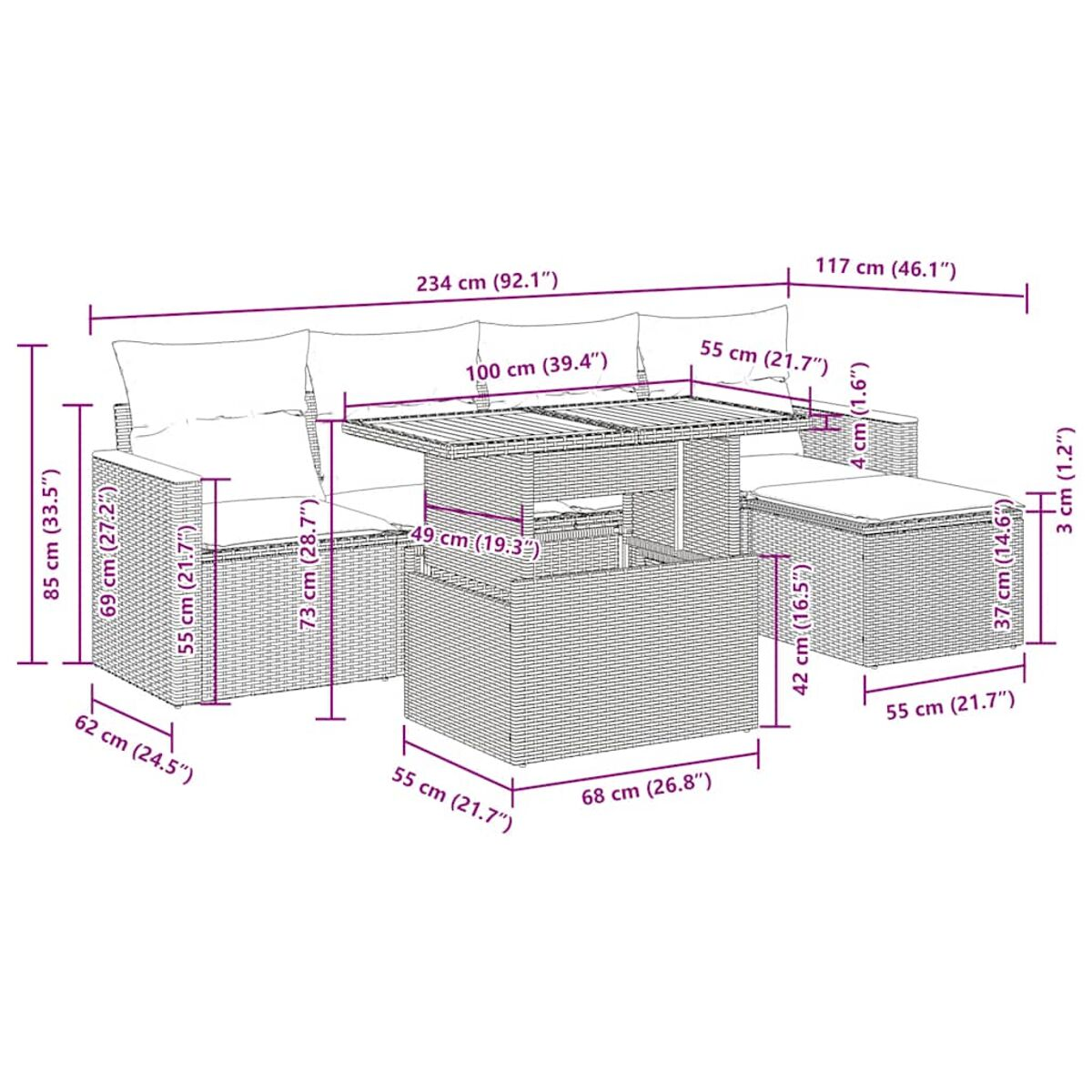 Set da patio in rattan con dimensioni. Include divano, tavolo e poggiapiedi, tutti con misure.