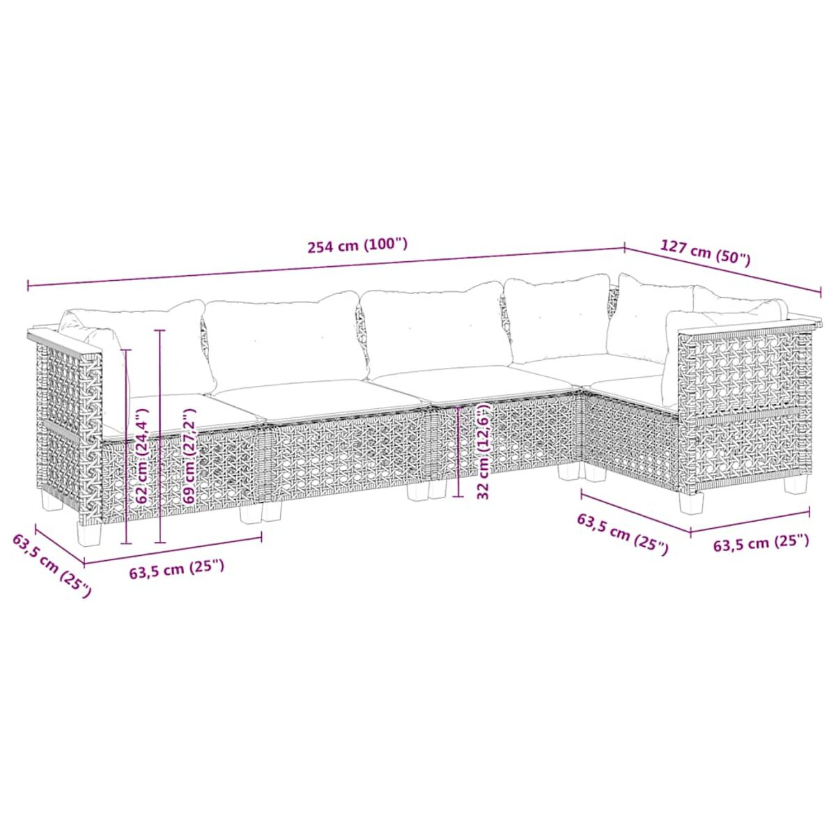 Divano angolare in rattan. Dimensioni: 254cm x 127cm. Sedili imbottiti.