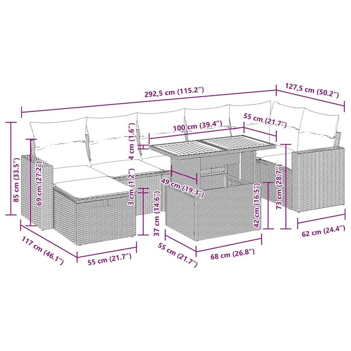 Ein Gartenmöbel-Set aus Korbgeflecht mit Maßen. Enthält eine Ecke, einen Tisch und zwei Stühle.