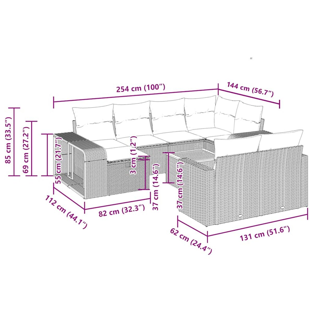 Modulares Outdoor-Sofaset mit Abmessungen, in einem weißen Hintergrund. Geflecht-Stil. Abmessungen.