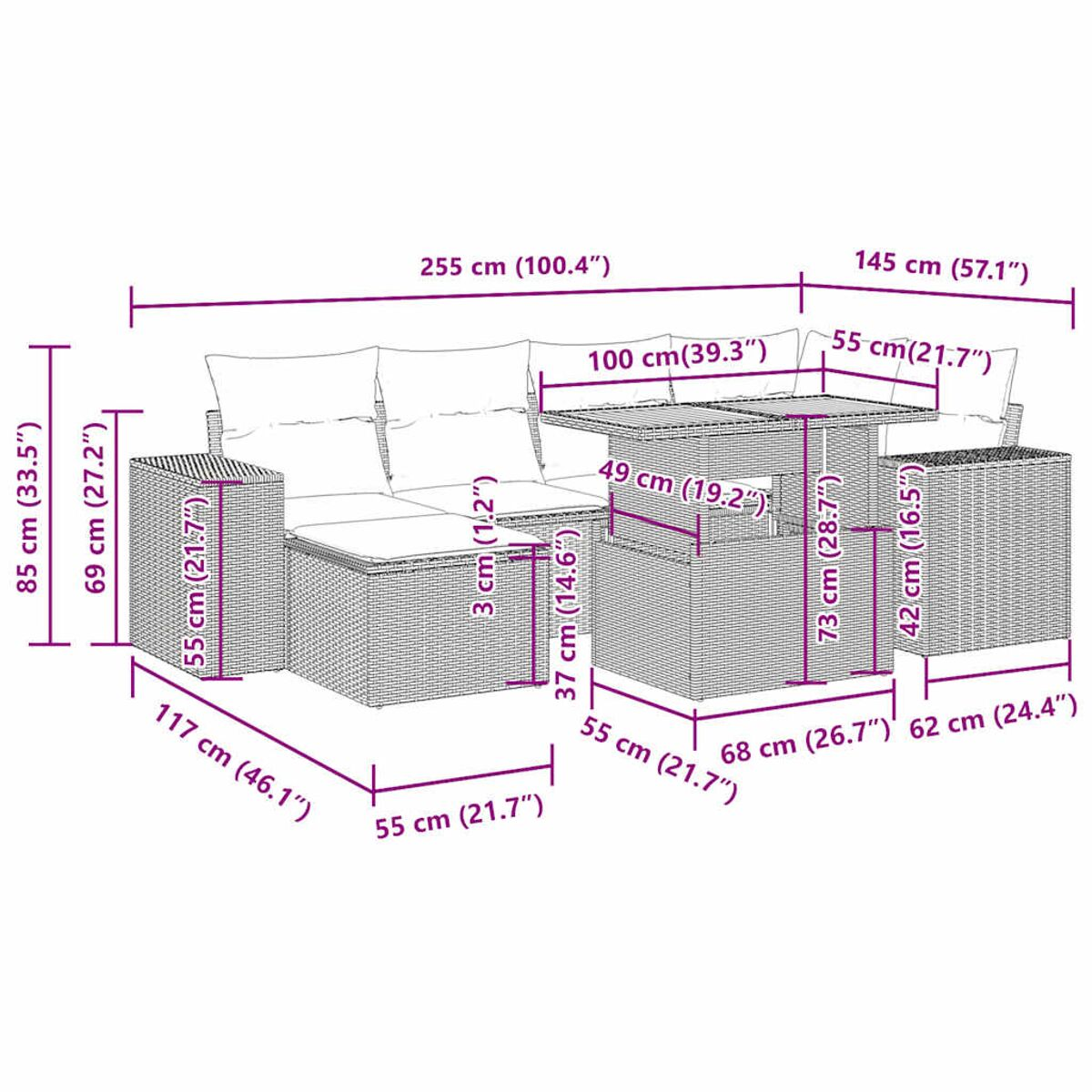 Set di mobili da esterno in vimini con dimensioni. Include un divano, un tavolo e un sedile singolo.