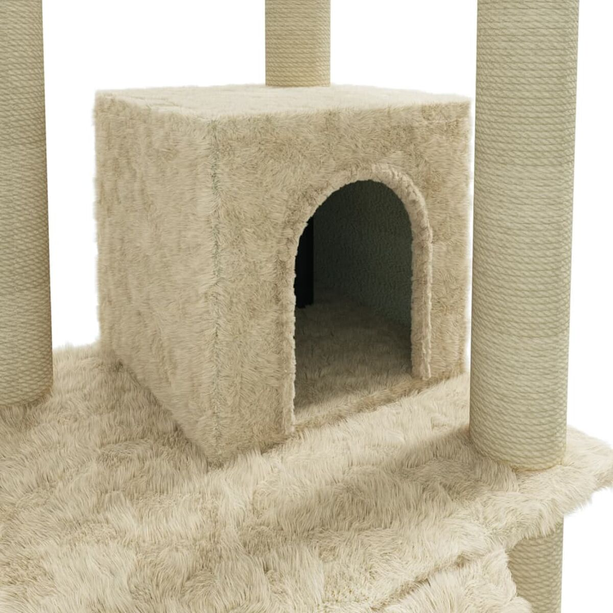 Beiger Katzenbaum mit einem Häuschen und Kratzbäumen auf weißem Hintergrund.