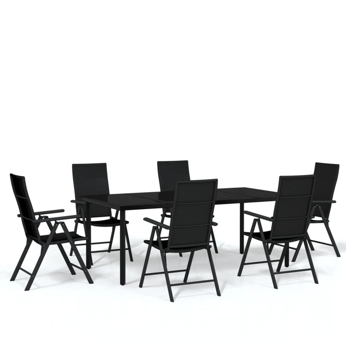 Essgruppe für draußen mit sechs schwarzen Stühlen und einem schwarzen Tisch. Stühle sind klappbar, mit Armlehnen.