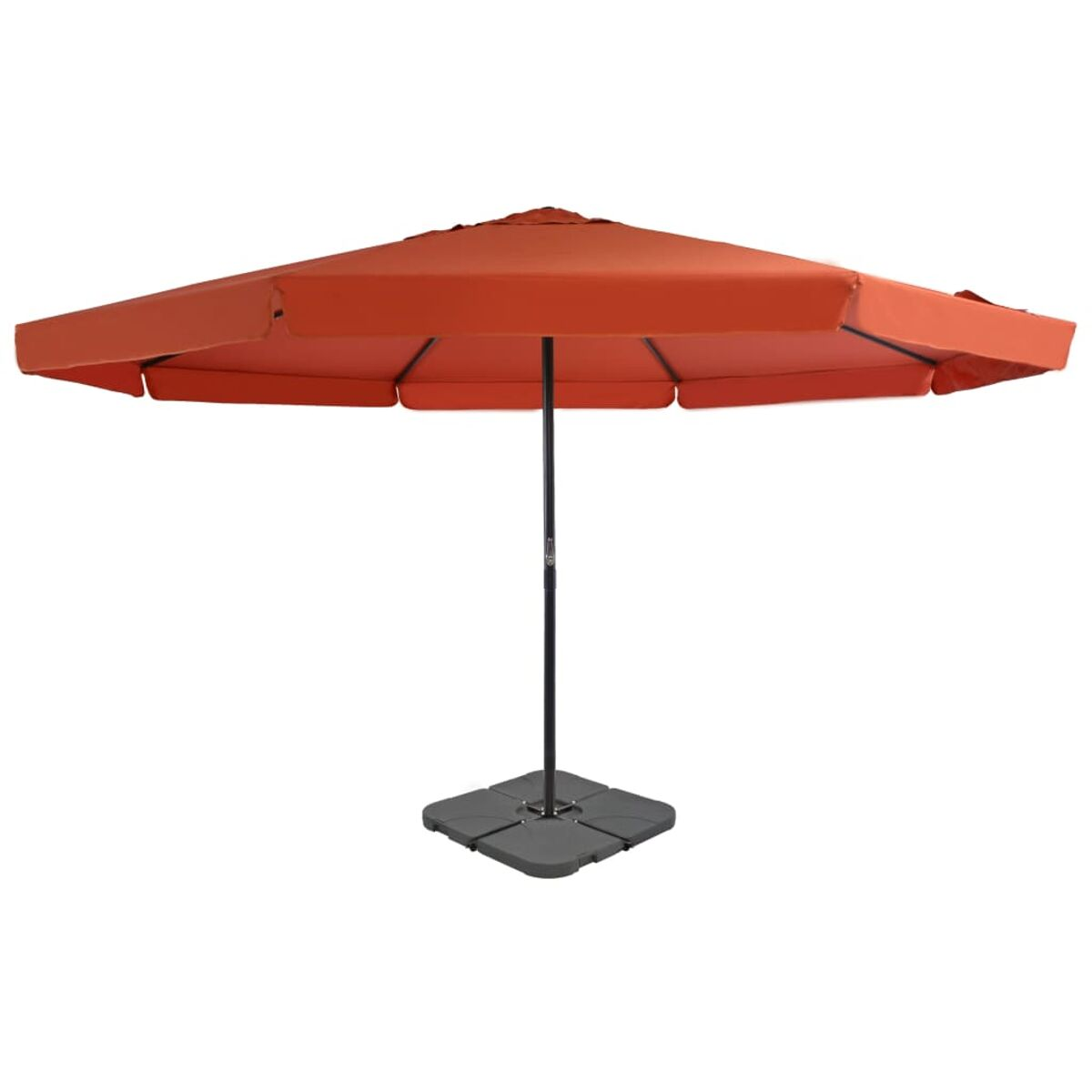 Oranger Sonnenschirm mit quadratischem Sockel. Schwarze Stange und Baldachin.