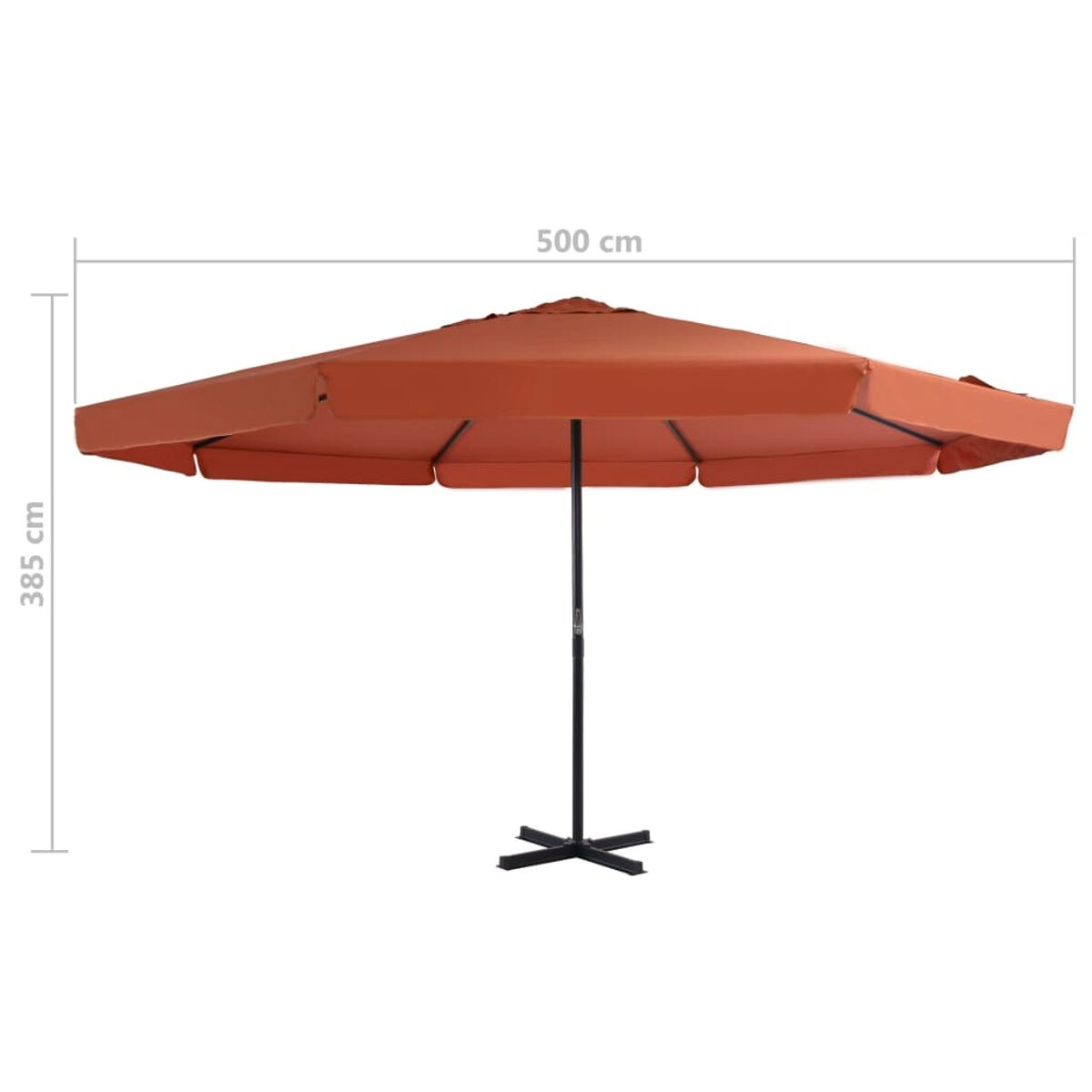 Ein orangefarbener Sonnenschirm. Er ist geöffnet und hat eine schwarze Stange und einen Sockel. Maße angezeigt.