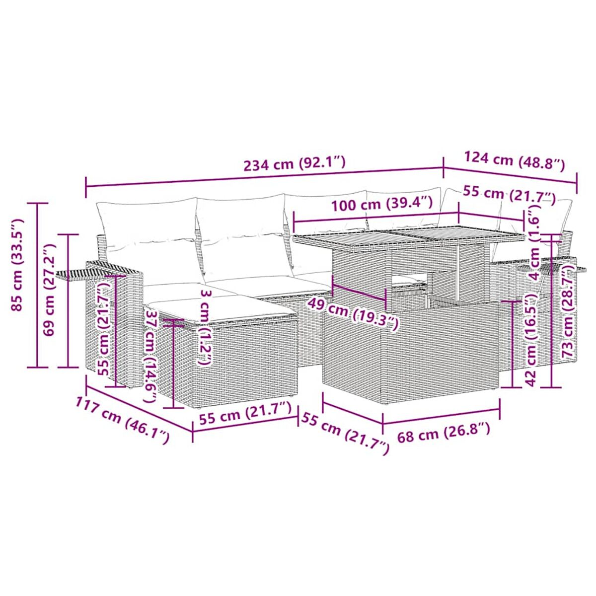 Schema di un set in rattan da esterno con dimensioni. Include un divano, un tavolo e una sedia.