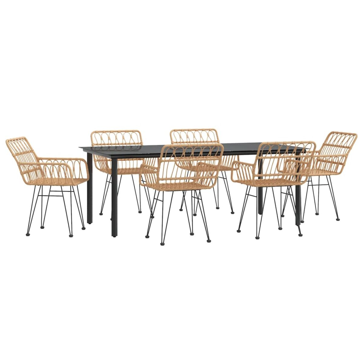 Essgruppe im Freien mit einem schwarzen Tisch und gewebten Stühlen auf weißem Hintergrund.