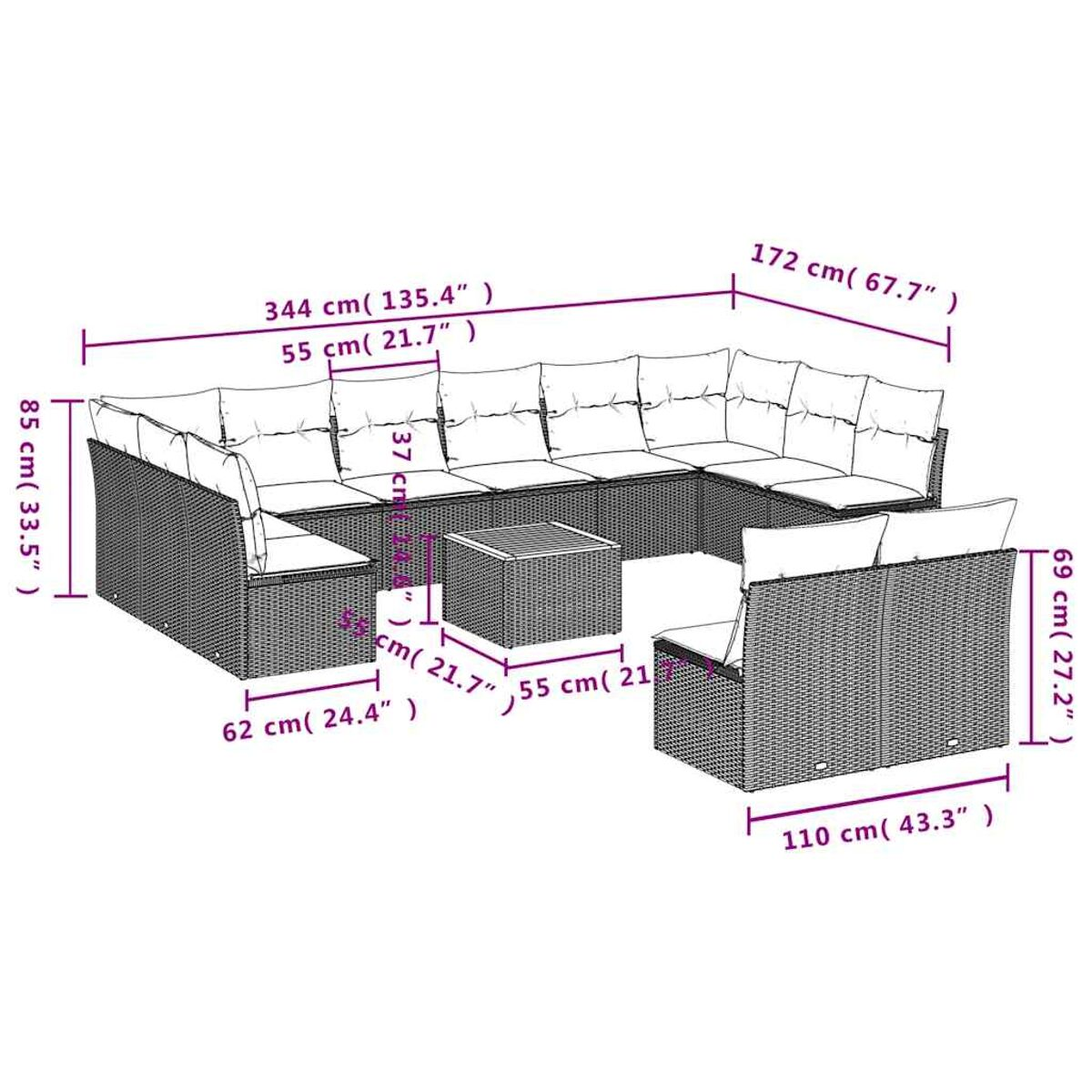 Diagramma di un grande divano componibile da esterno con dimensioni in cm e pollici.