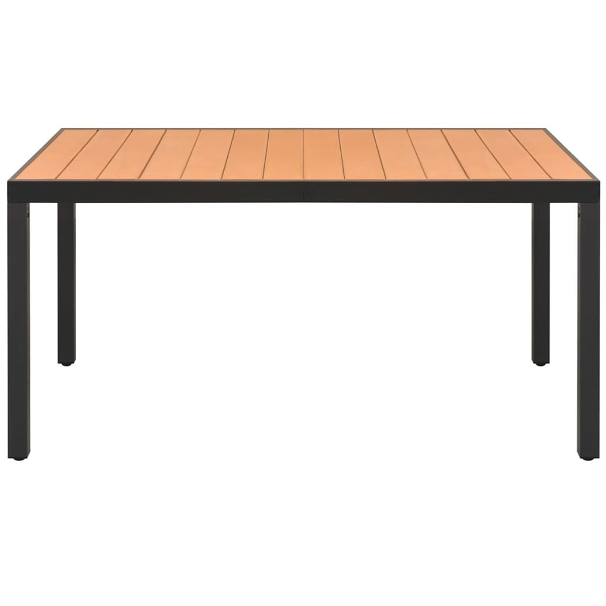 Ein rechteckiger Tisch für den Außenbereich mit brauner Holzplatte und schwarzen Beinen.