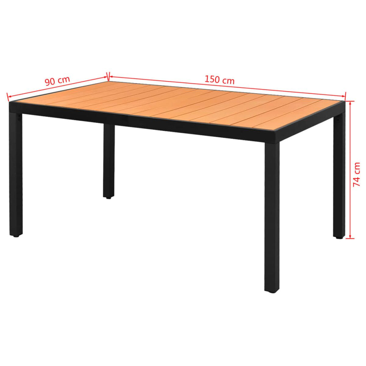 Rechteckiger Tisch mit Holzplatte und schwarzen Metallbeinen, Maße sind angegeben.