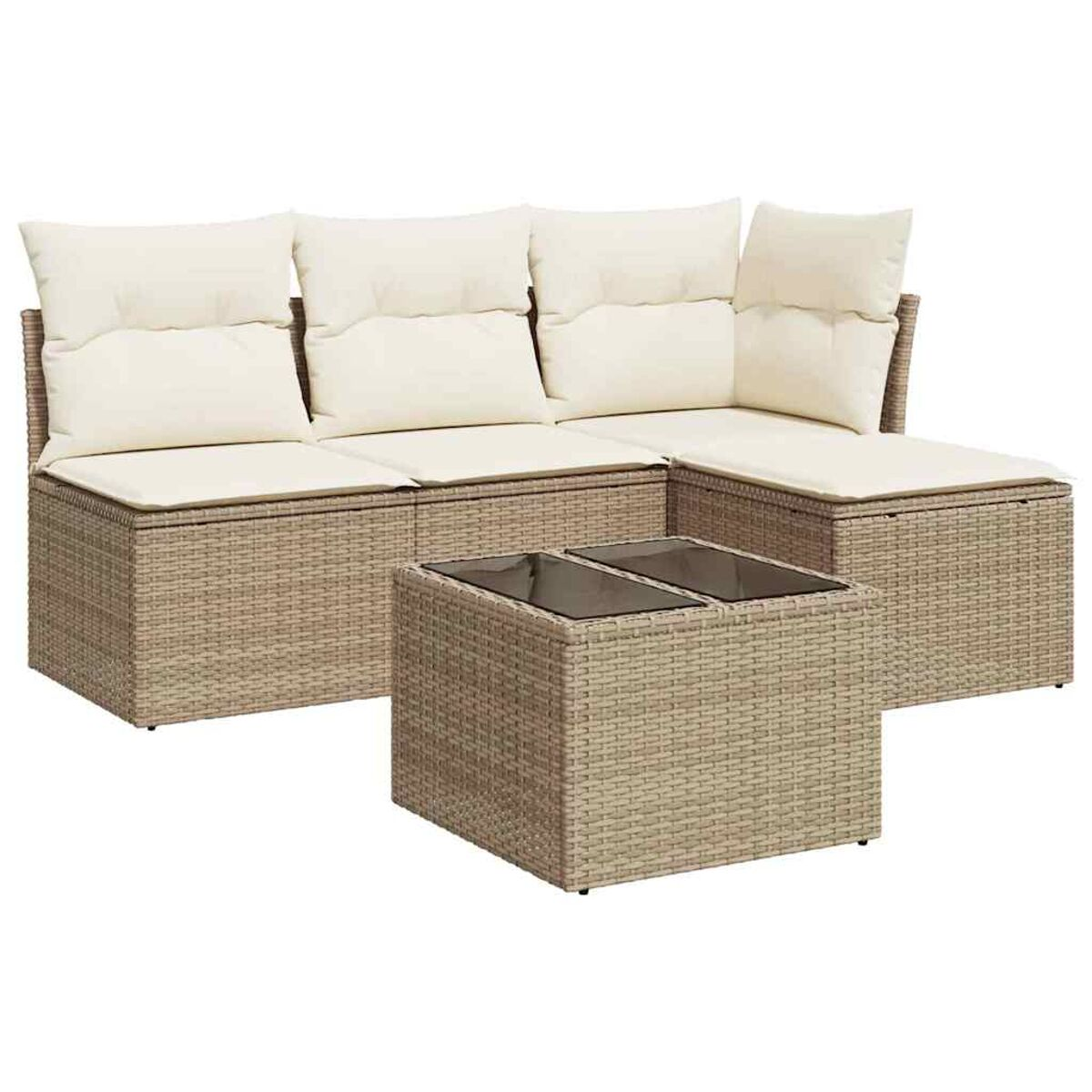 Un set di divani in rattan beige con cuscini beige e un tavolino quadrato.