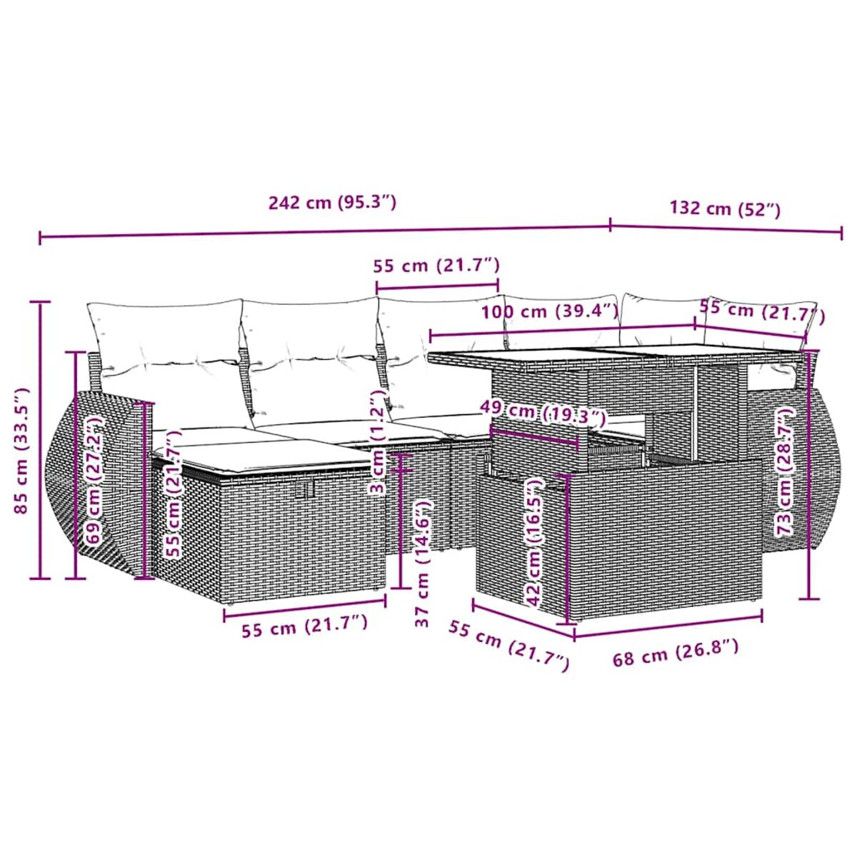 Schema di un set di sedute da esterno in rattan nero con dimensioni in centimetri e pollici.