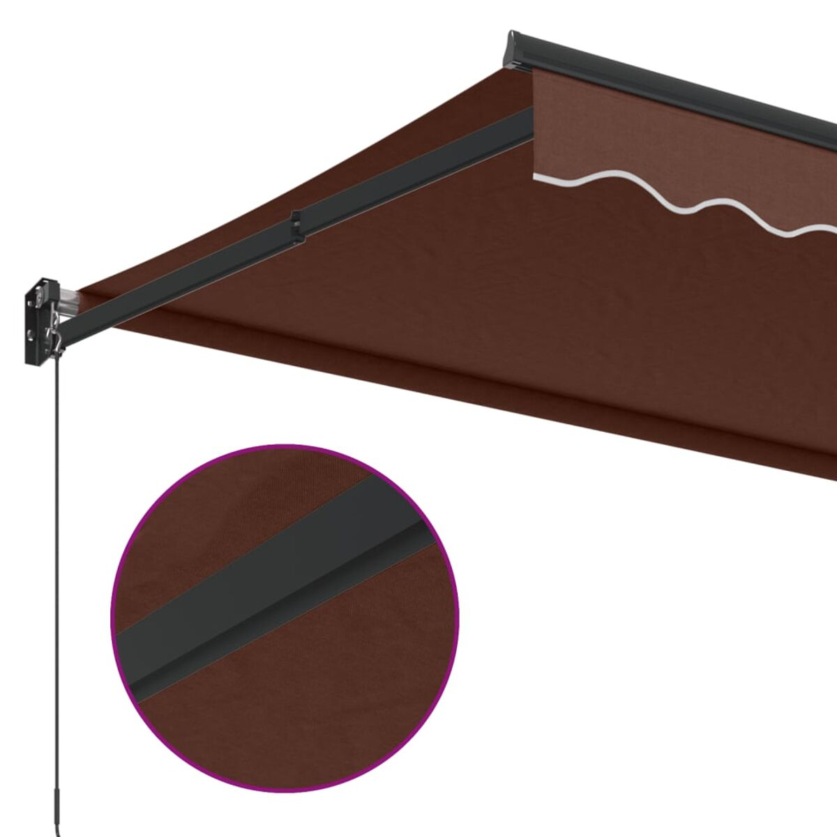 Tenda da sole marrone con telaio nero, dettaglio del tessuto.