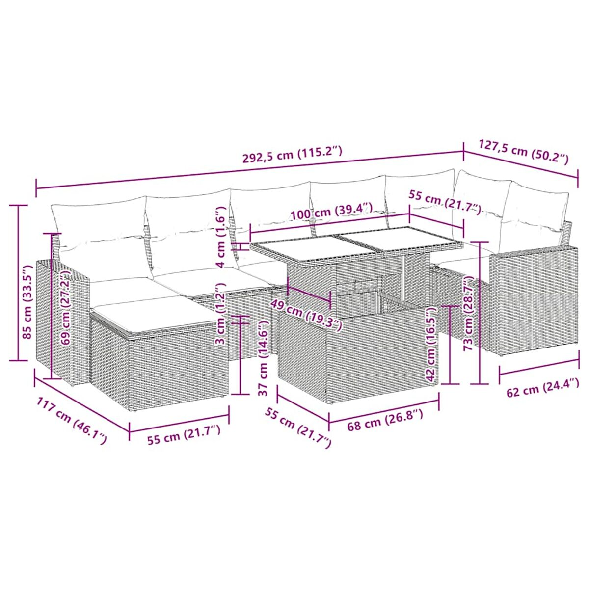Diagramm eines Ecksofas aus Korbgeflecht mit Abmessungen in Zentimetern und Zoll auf weißem Hintergrund.