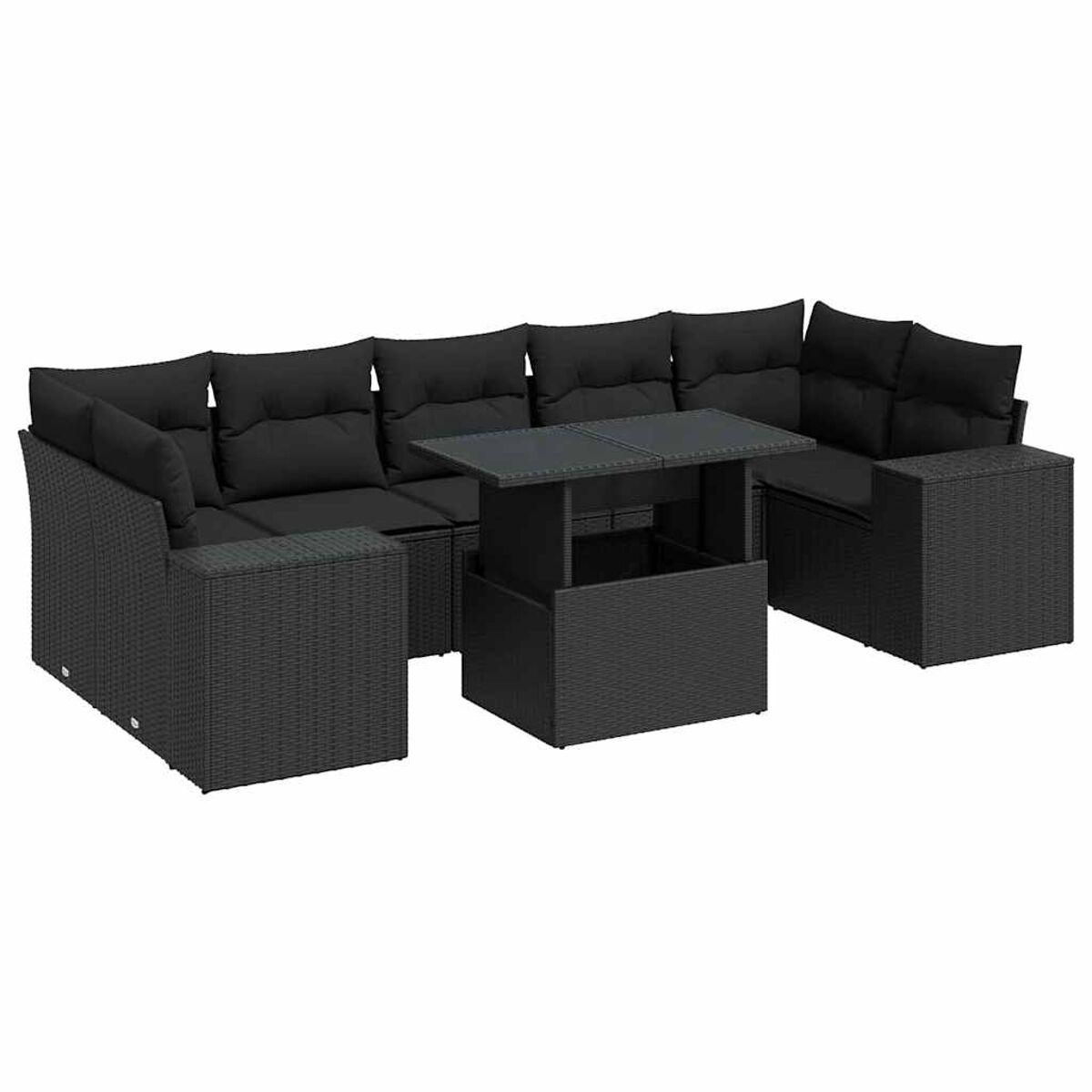 Set divano da esterno in vimini nero con cuscini neri e tavolo lift-top.