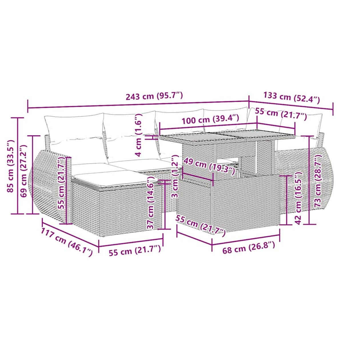 Diagramma di divano componibile e tavolo da esterno con misure e dimensioni.