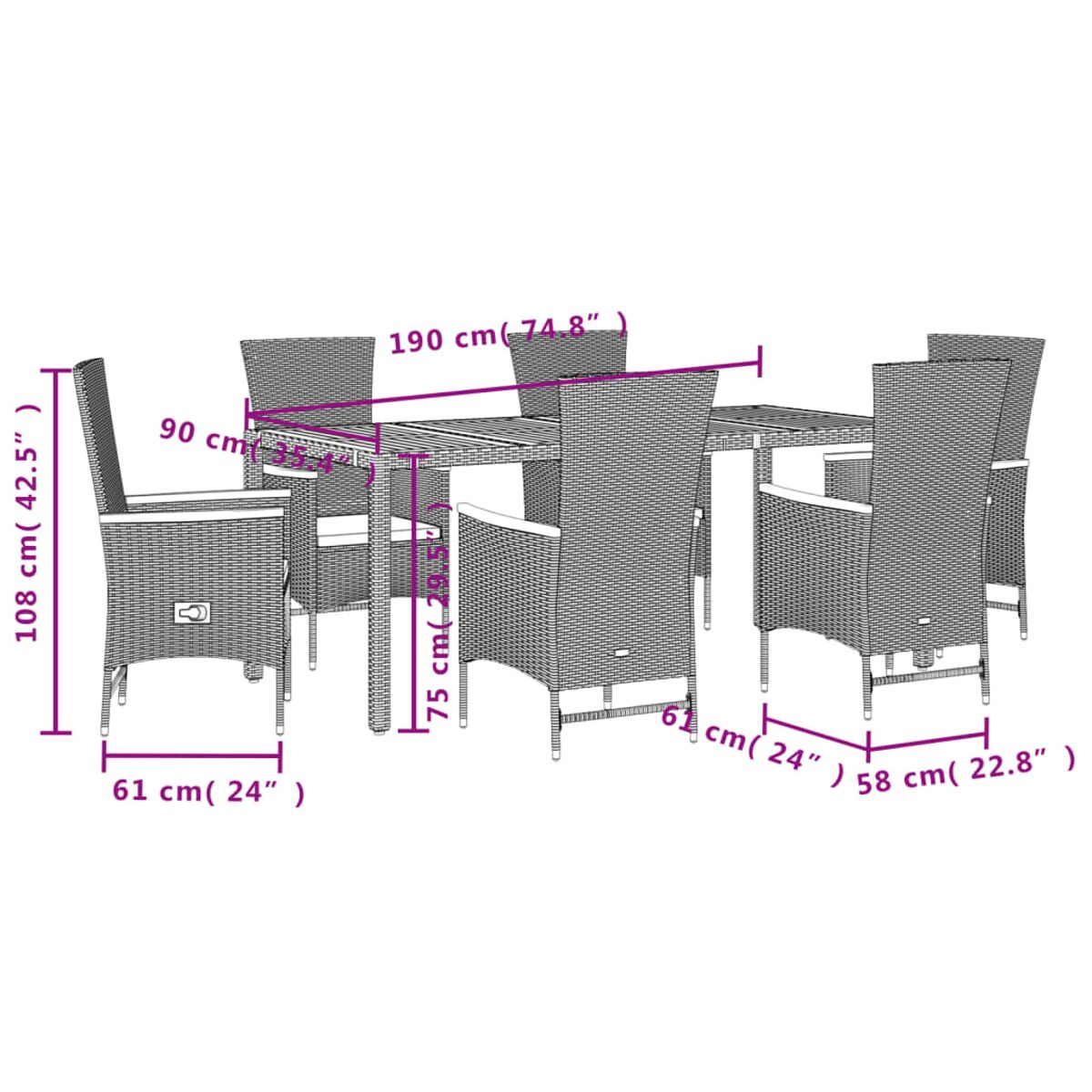 Outdoor-Essgruppe aus Weide mit Maßen. Der Tisch ist 190 cm lang. Sechs Stühle umgeben den Tisch.