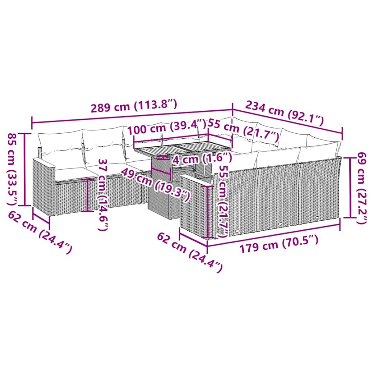 Divano componibile da esterno in rattan con dimensioni in cm. Include tavolo e cuscini.