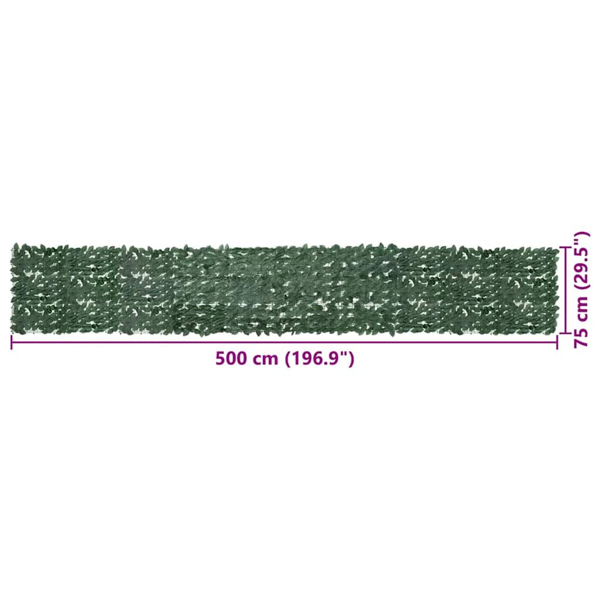Grüne künstliche Hecke, mit den Maßen 500 cm (196,9") lang und 75 cm (29,5") hoch.