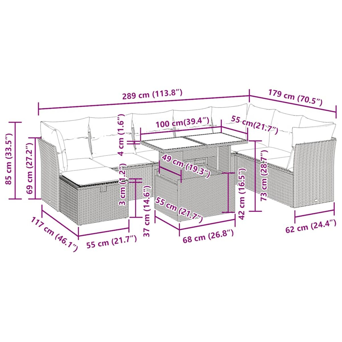 Maße eines Outdoor-Rattan-Ecksofas mit Couchtisch. Graue Kissen und Abmessungen sind sichtbar.