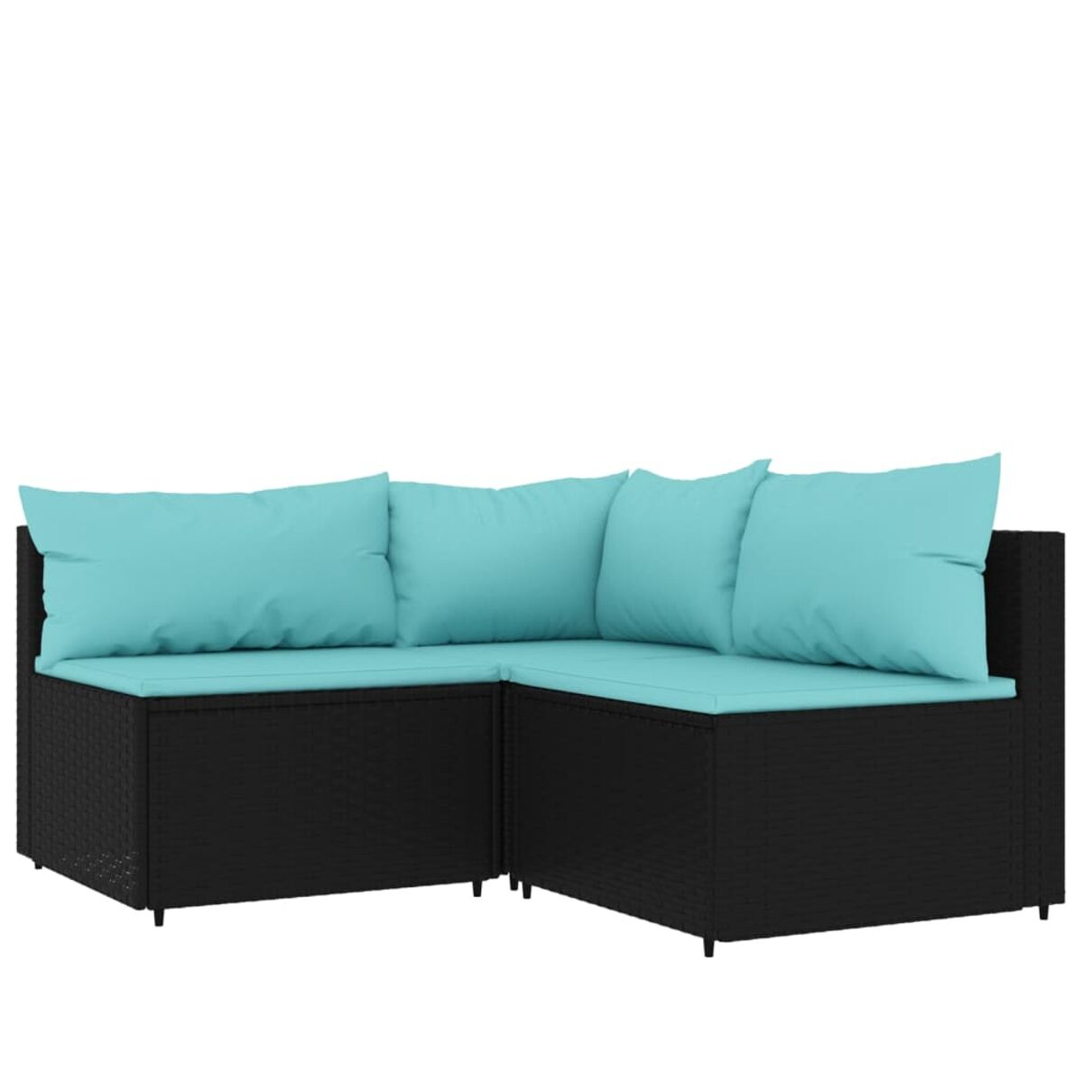 Schwarzes Outdoor-Sofaset aus Korbgeflecht mit türkisfarbenen Kissen. Weißer Hintergrund.