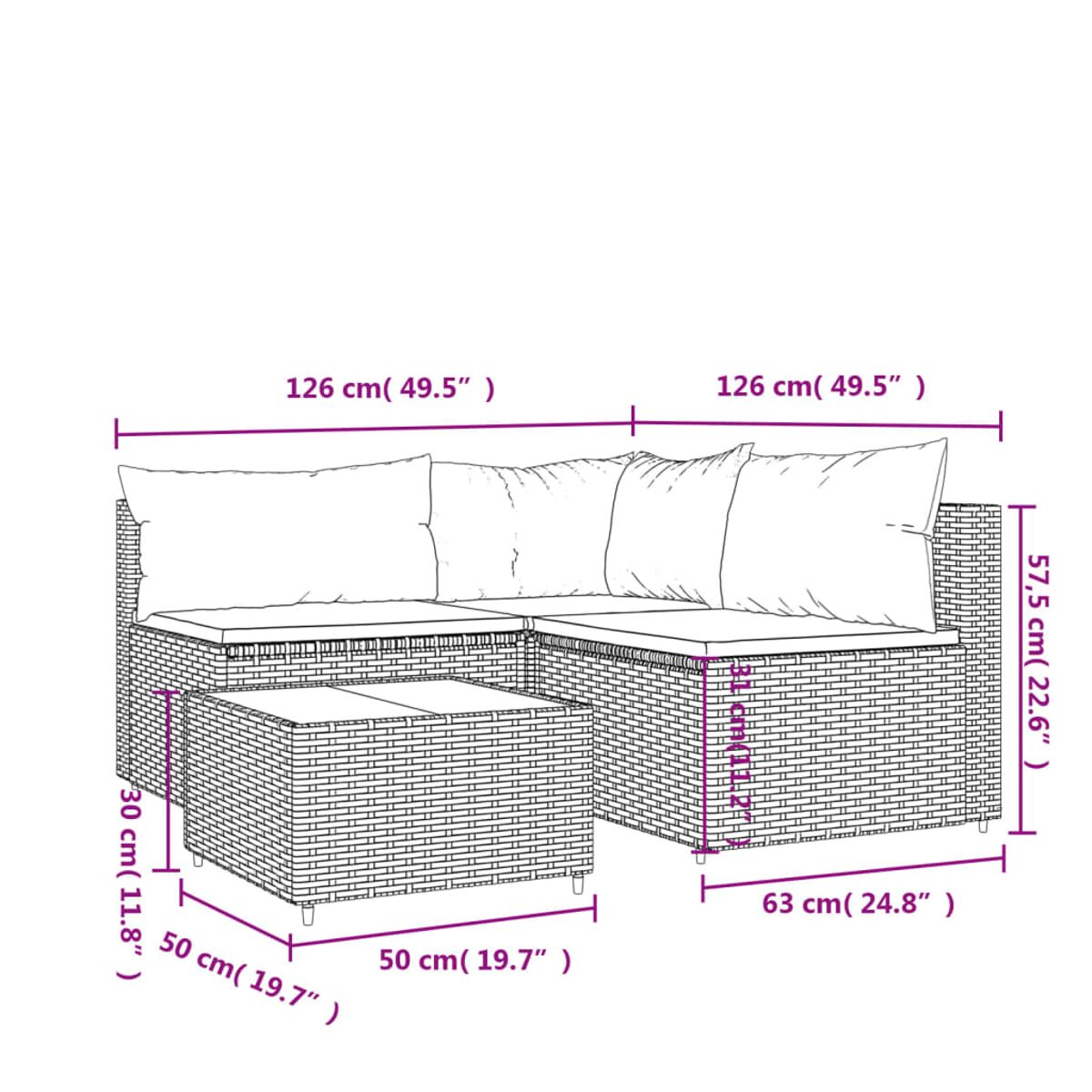 Diagramm eines Rattan-Sets für den Außenbereich mit Abmessungen. Enthält ein Ecksofa und eine Ottomane.