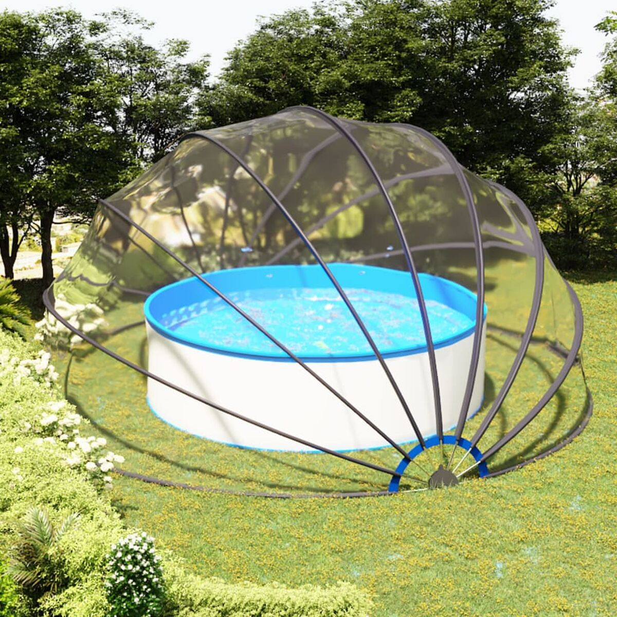 Ein runder Pool, der von einer durchsichtigen Kuppel bedeckt ist. Grünes Gras darum, umgeben von Bäumen.