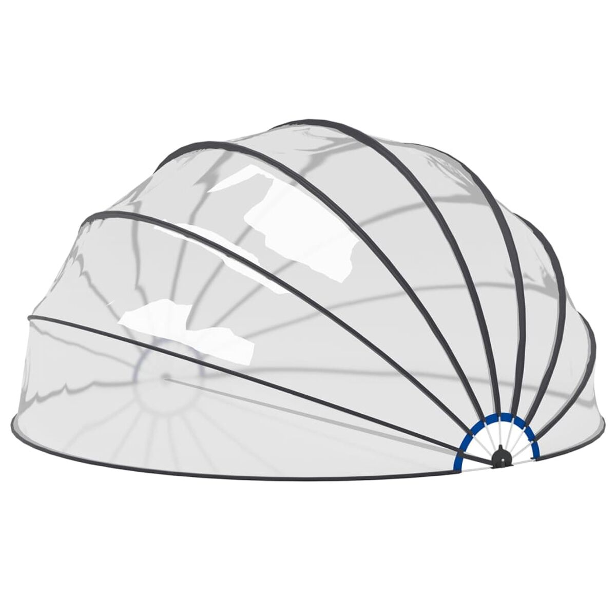 Transparente Kunststoffkuppel mit schwarzem Rahmen, auf weißer Oberfläche. Fächerförmiges Design.