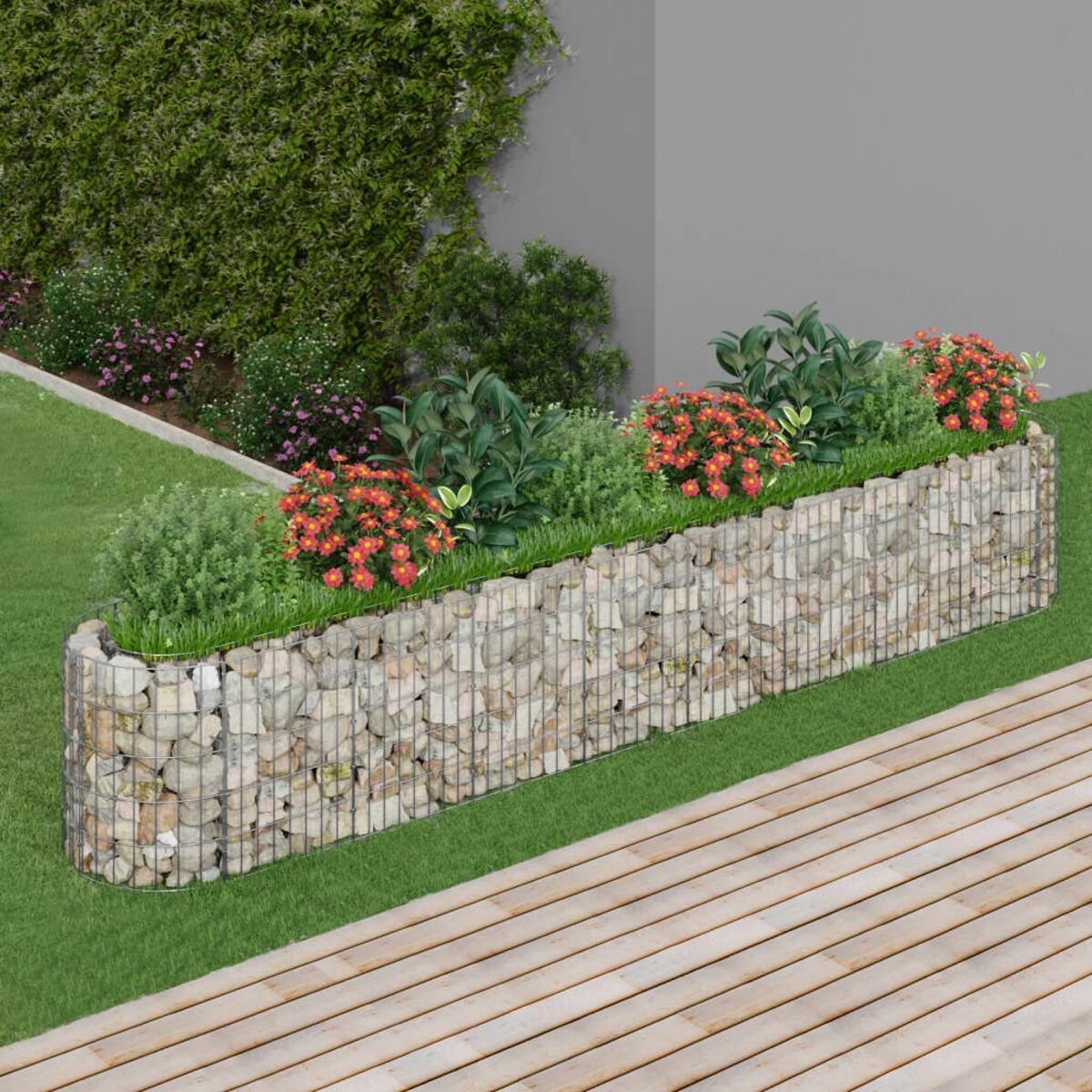 Stein- und Draht-Gartenbeet mit Pflanzen und Blumen.