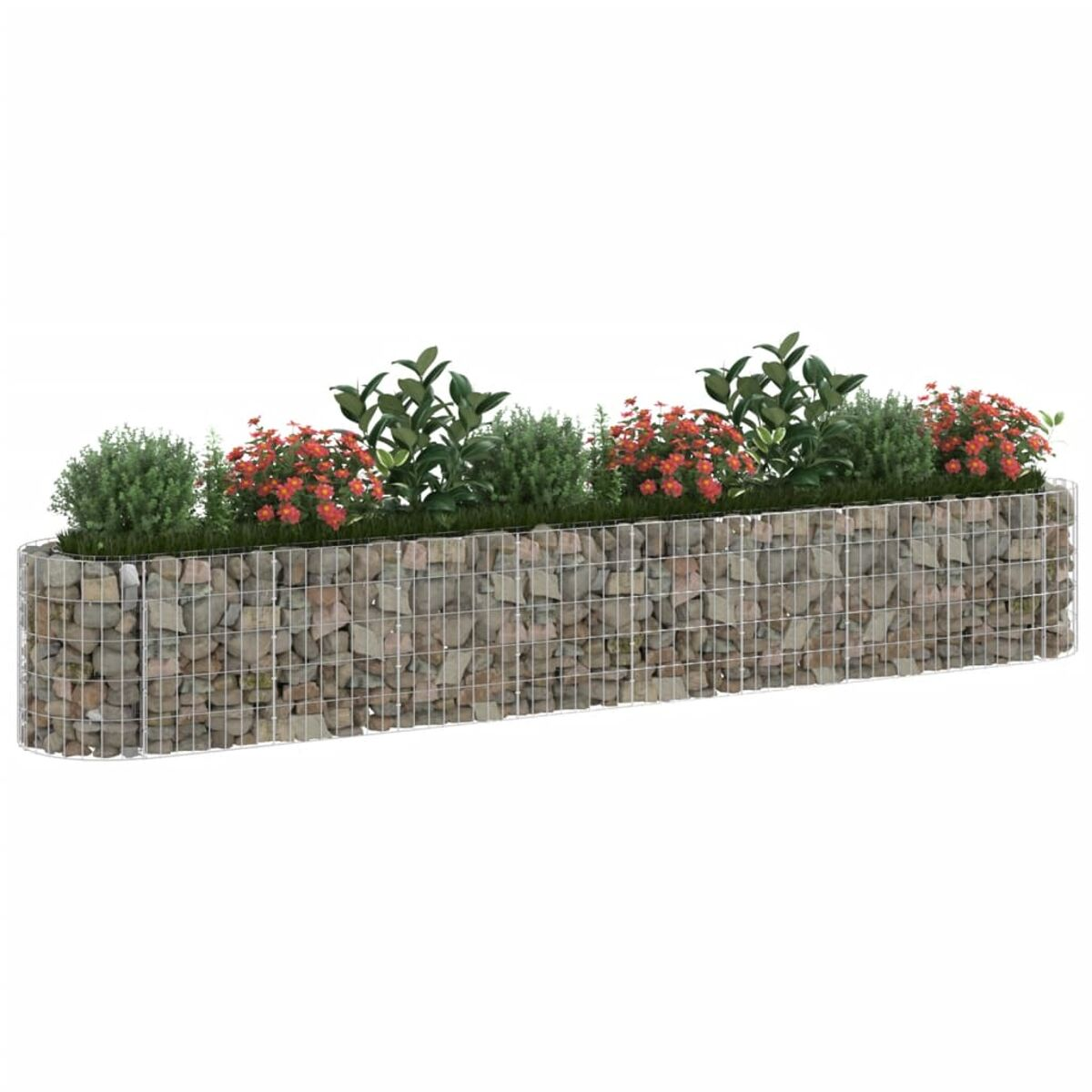 Langes Hochbeet aus Stein mit Pflanzen und Blumen.