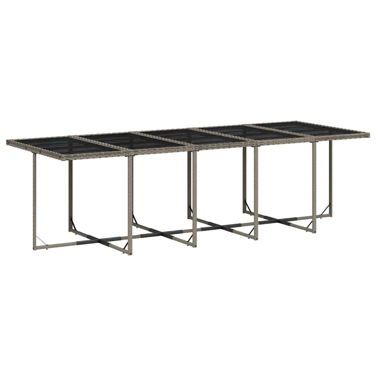 Langer rechteckiger Outdoor-Tisch mit Glasplatte, auf weißem Hintergrund, mit Metallrahmen.