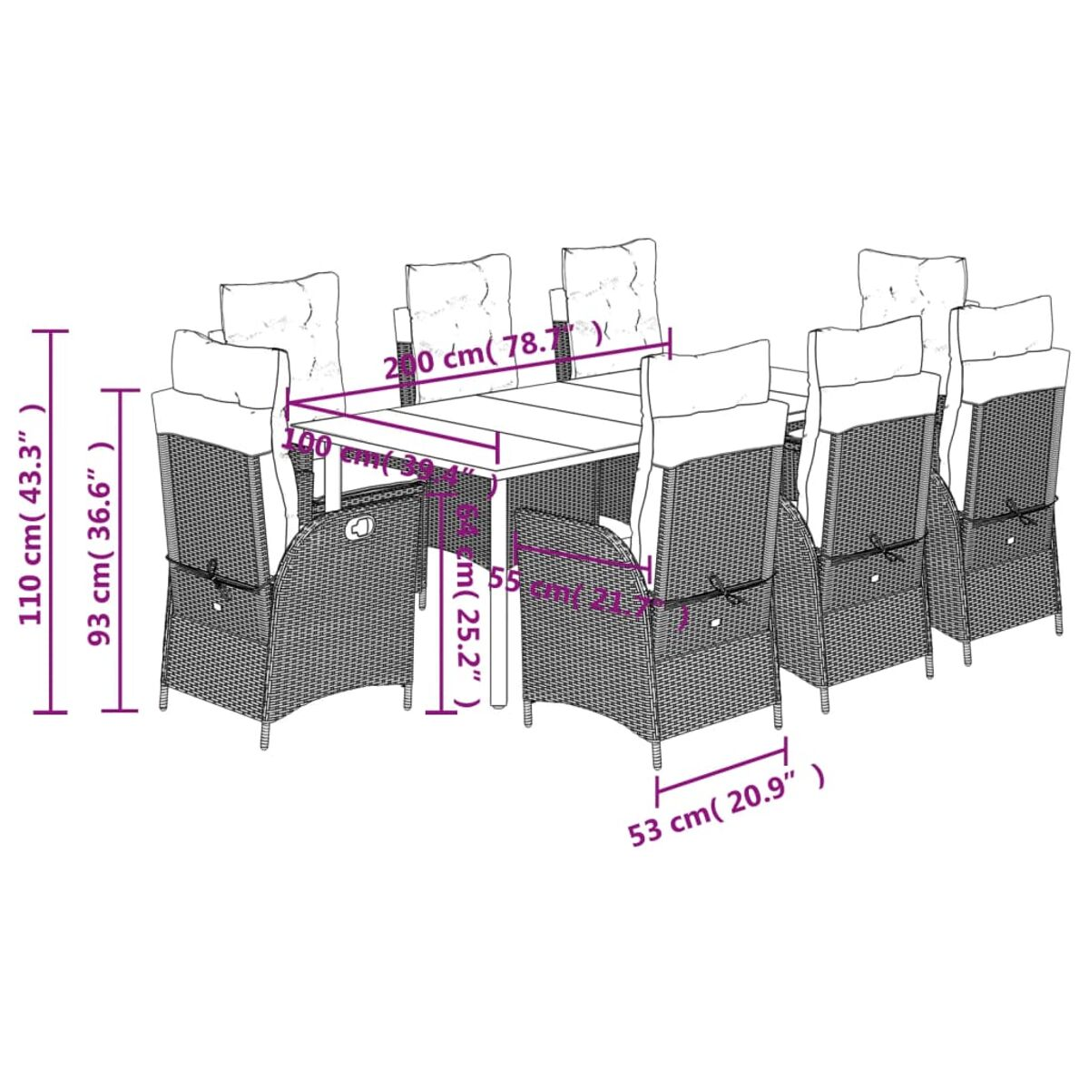 Ein Diagramm zeigt ein Ess-Set für den Außenbereich mit Stühlen und einem Tisch, mit beschrifteten Abmessungen in cm und Zoll.