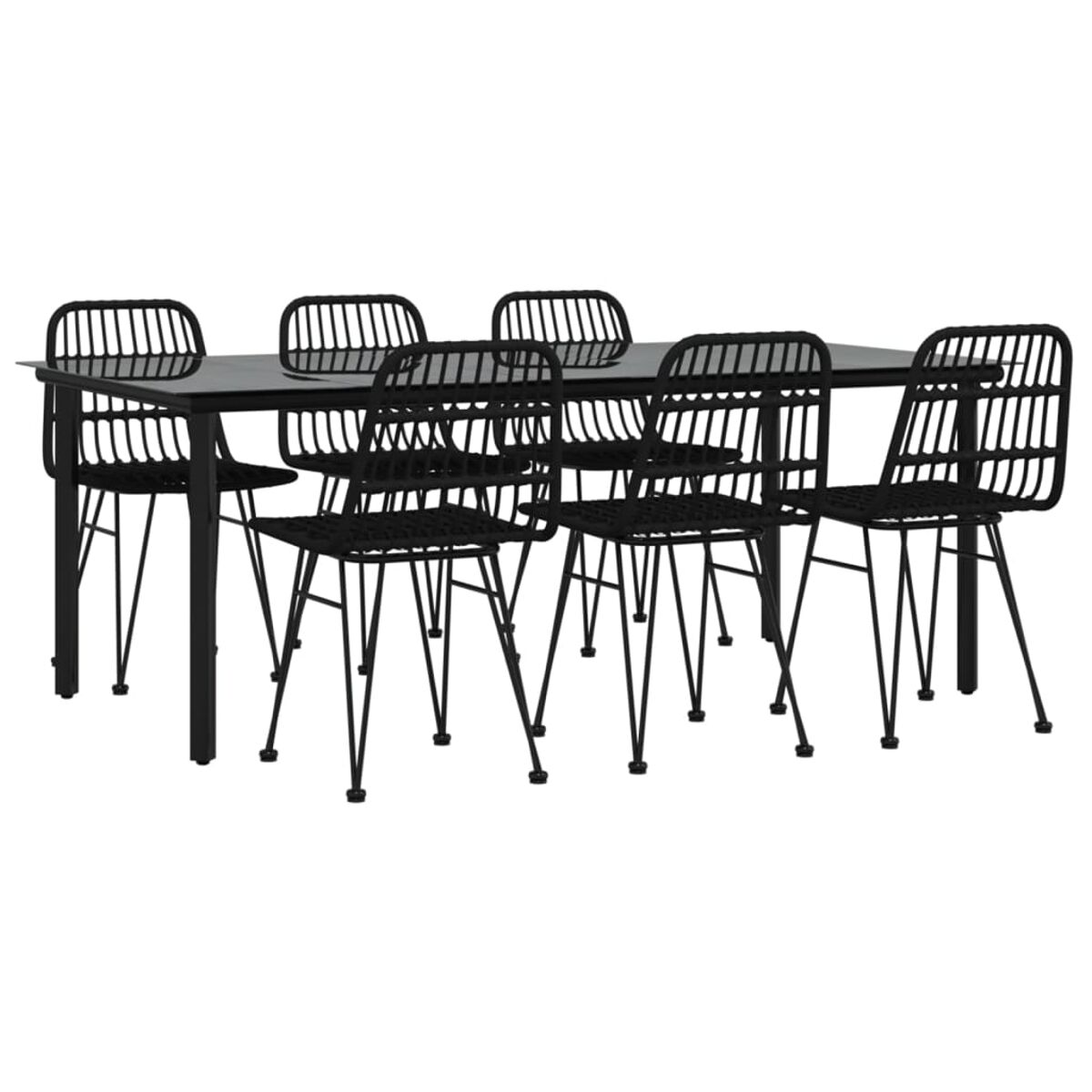 Schwarzes Esszimmer-Set mit schwarzem Tisch und Stühlen. Weißer Hintergrund. Modernes Design.