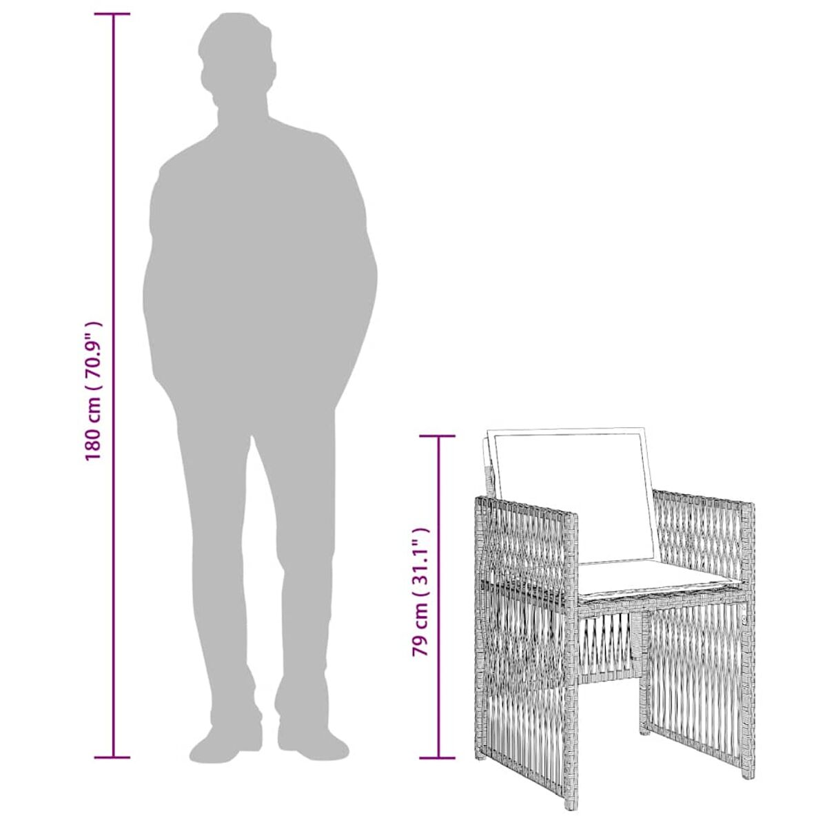 Una silhouette umana accanto a una sedia in vimini con dimensioni in cm.