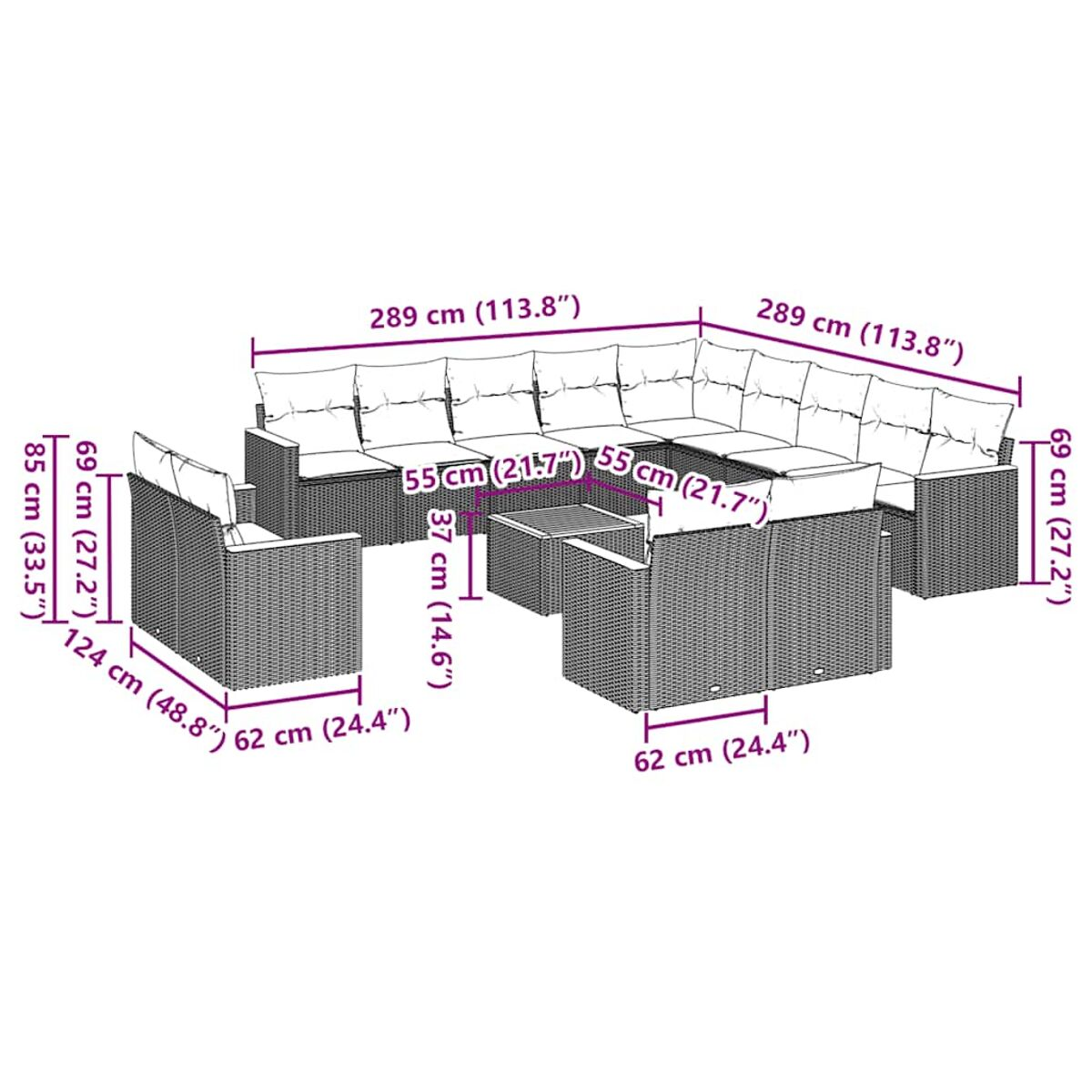 Abmessungen eines Outdoor-Ecksofas und Couchtisches aus Korb.