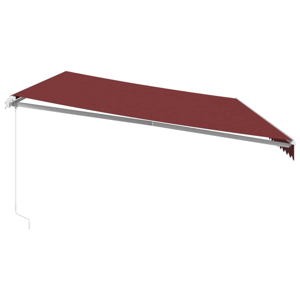 Tenda da sole rossa estesa da un accessorio bianco. Ha una forma rettangolare semplice.