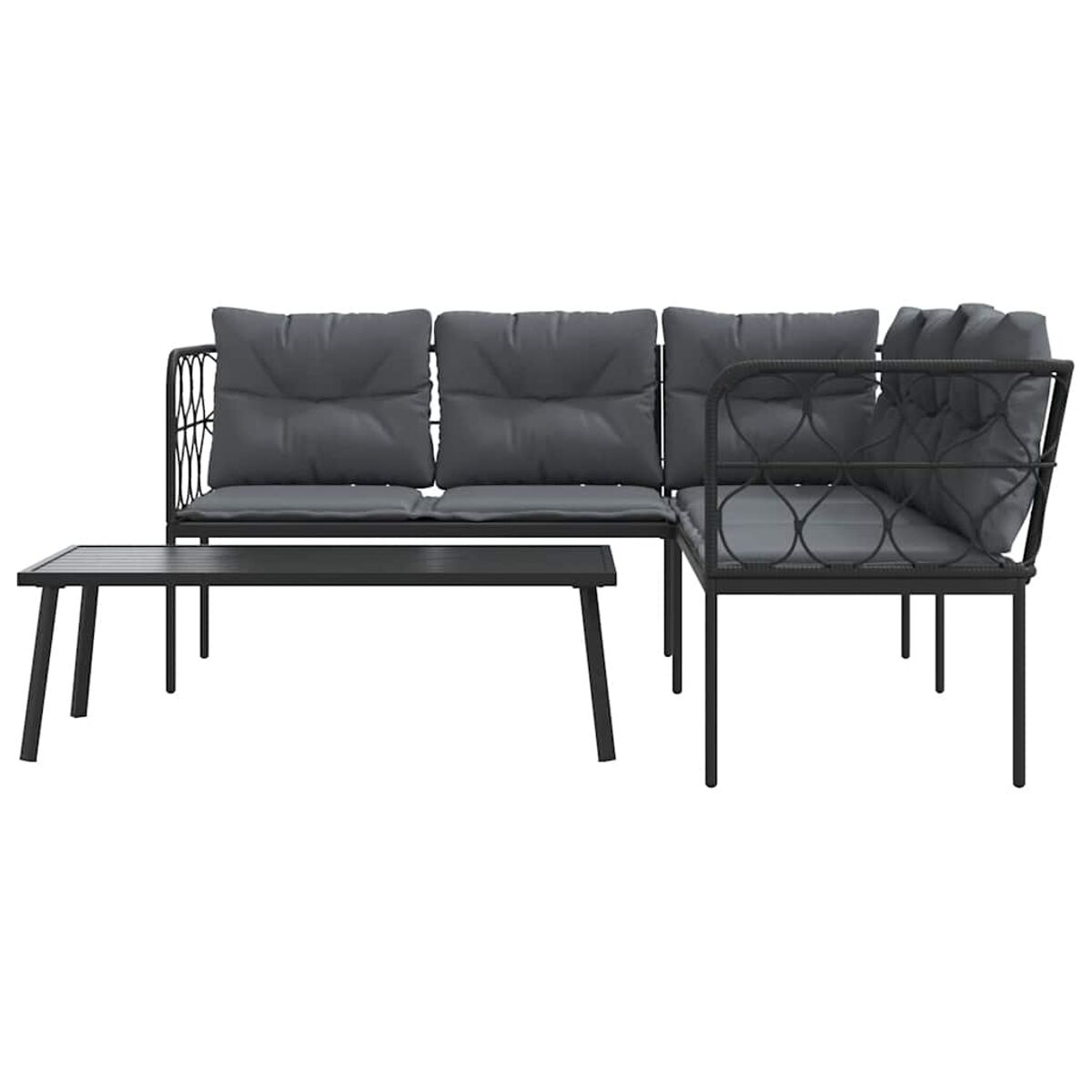 Schwarzes Metall-Outdoor-Sofa mit grauen Kissen und einem kleinen Tisch, alles auf weißem Hintergrund.