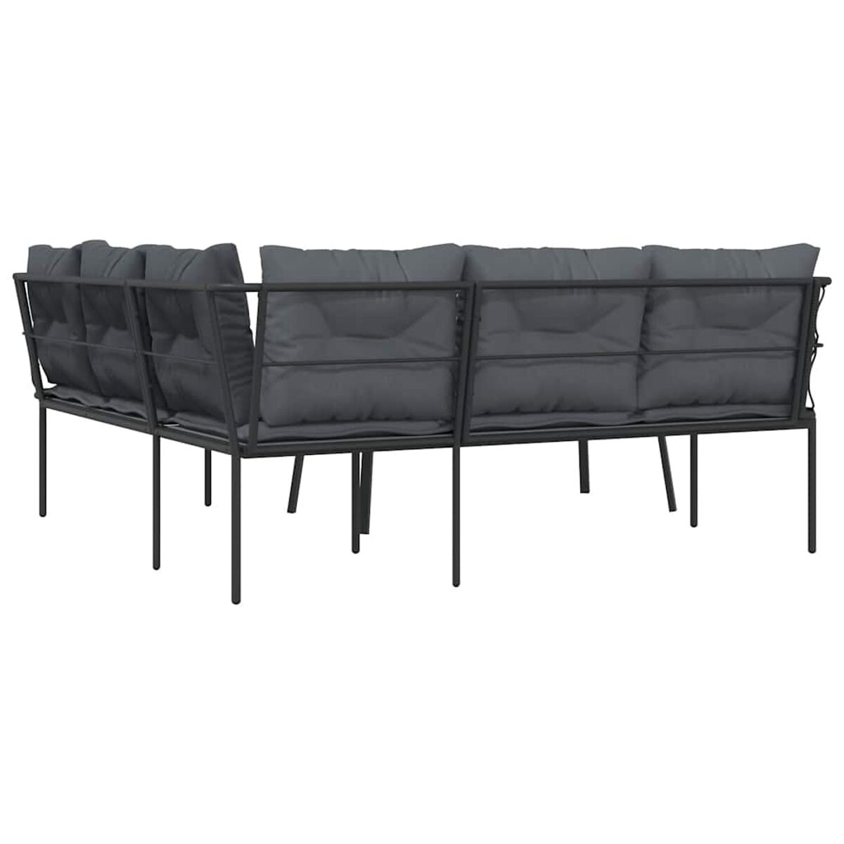 Ein schwarzes Ecksofa für den Außenbereich mit grauen Kissen, von hinten gesehen.