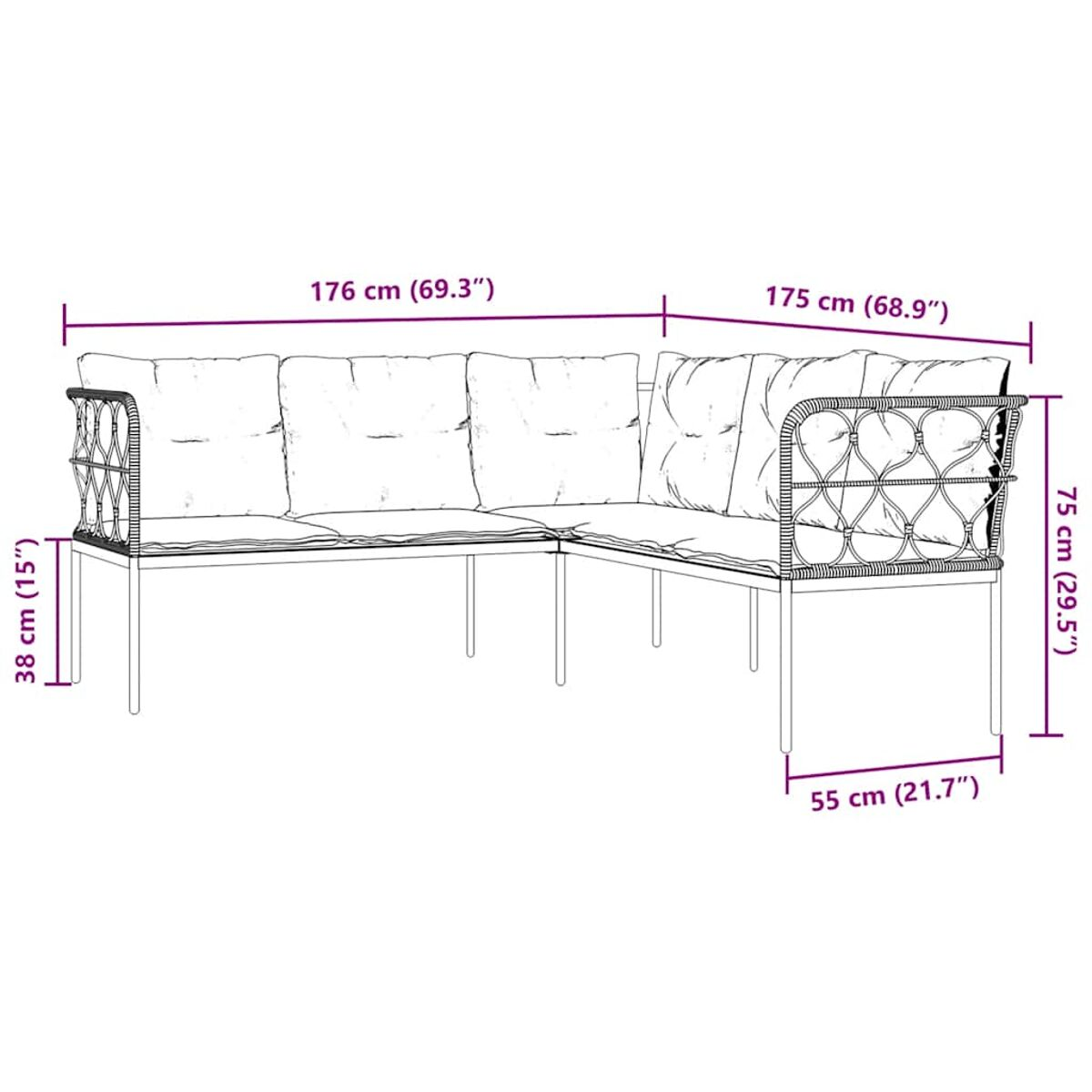 Diagramm eines Ecksofas, Abmessungen in cm und Zoll.