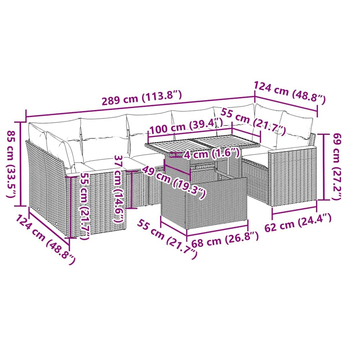 Diagramm mit Abmessungen eines Rattan-Ecksofas mit Tisch, Maße in cm und Zoll.