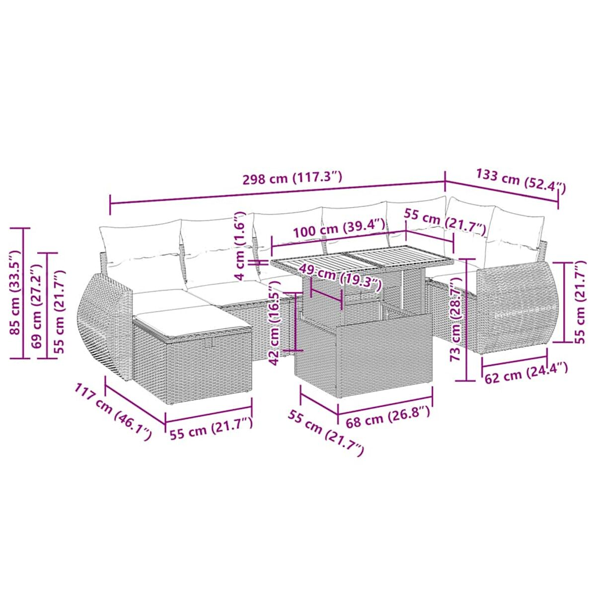Set componibile in rattan da esterno con tavolo e pouf, dimensioni in cm e pollici.