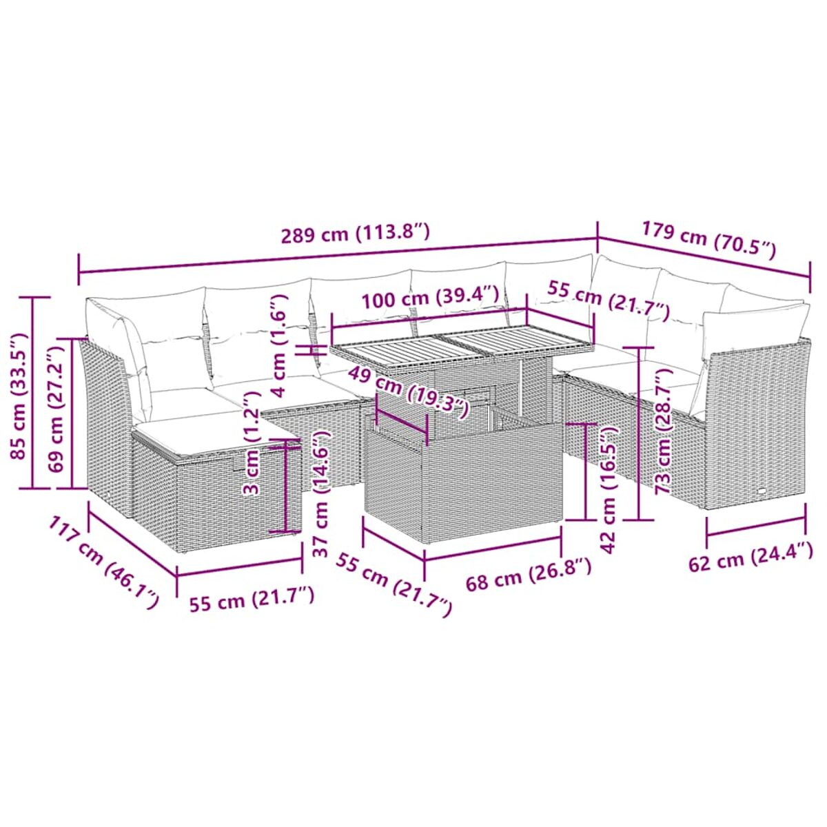 Rattansofa-Set für den Außenbereich mit in cm beschrifteten Abmessungen, einschließlich eines Tisches. Braune und beige Farben.